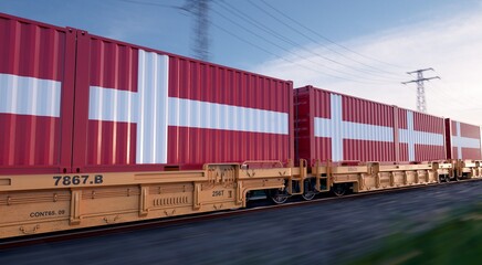 Obraz premium Danish export. Running train loaded with containers with the flag of Denmark. 