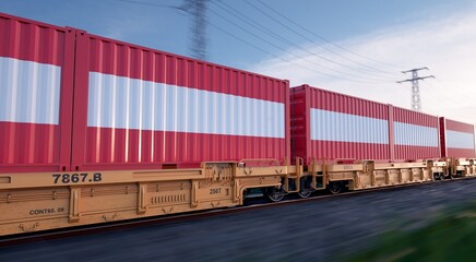 Austrian export. Running train loaded with containers with the flag of Austria. 