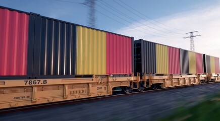 Obraz premium Belgian export. Running train loaded with containers with the flag of China. 