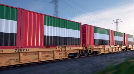 United Arab Emirates export. Running train loaded with containers with the flag of United Arab Emirates. 