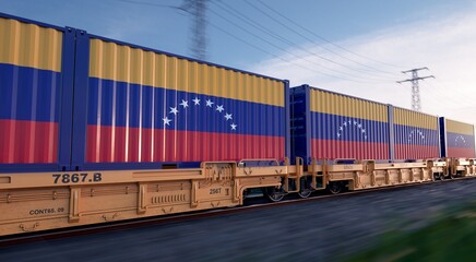 Obraz premium Venezuelan export. Running train loaded with containers with the flag of Venezuela. 