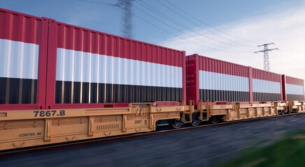 Fototapeta premium Yemeni export. Running train loaded with containers with the flag of Yemen. 