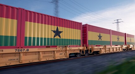 Ghanaian export. Running train loaded with containers with the flag of Ghana. 