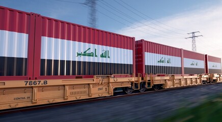 Iraqi export. Running train loaded with containers with the flag of Iraq. 