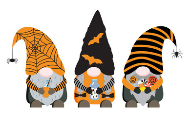 Halloween vector gnomes with potion, bottle with eyes, candies on white background