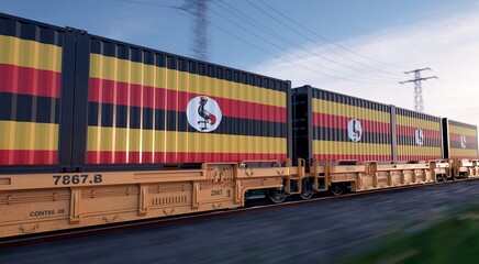 Ugandan export. Running train loaded with containers with the flag of Uganda. 