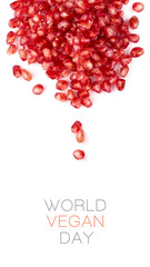 Vertical World Vegan Day design succulent healthy pomegranate seeds. World food day and vegetarian day concept