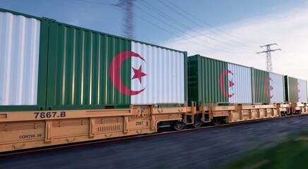 Algerian export. Running train loaded with containers with the flag of Argelia. 
