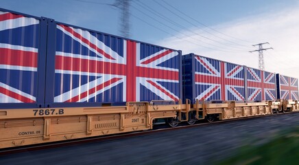 UK export. Running train loaded with containers with the flag of United Kingdom. 