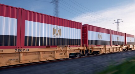 Egyptian export. Running train loaded with containers with the flag of Egypt. 