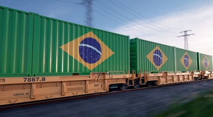 Brazilian export. Running train loaded with containers with the flag of Brazil. 