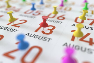 August 13 date and push pin on a calendar, 3D rendering