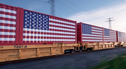 USA export. Running train loaded with containers with the flag of United States. 