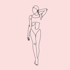 Naked woman standing back one line drawing on white isolated background. Vector illustration