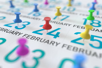 February 24 date marked with a pin calendar, 3D rendering