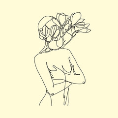 Naked woman Line art. Self love concept. Woman hugging herself line drawing. Woman hugging herself in continuous line drawing, Love your body concept