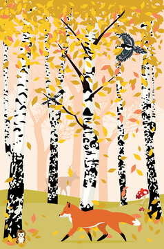 Autumn birch trees and animals