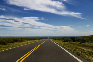 Fototapeta na wymiar Straight road centered in the Patagonian steppe of Chubut, Argentina