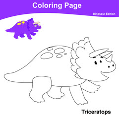 Coloring Page Dinosaurs Edition. Dinosaurs Color Book. Dinosaurs worksheet page. Educational printable colouring worksheet. Fun activity for kids. Vector illustration.