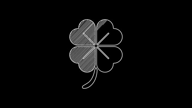 White line Four leaf clover icon isolated on black background. Happy Saint Patrick day. 4K Video motion graphic animation
