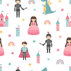 Seamless pattern with princess, knight, prince, dragon, castle, rainbow. Vector children's illustration - obrazy, fototapety, plakaty
