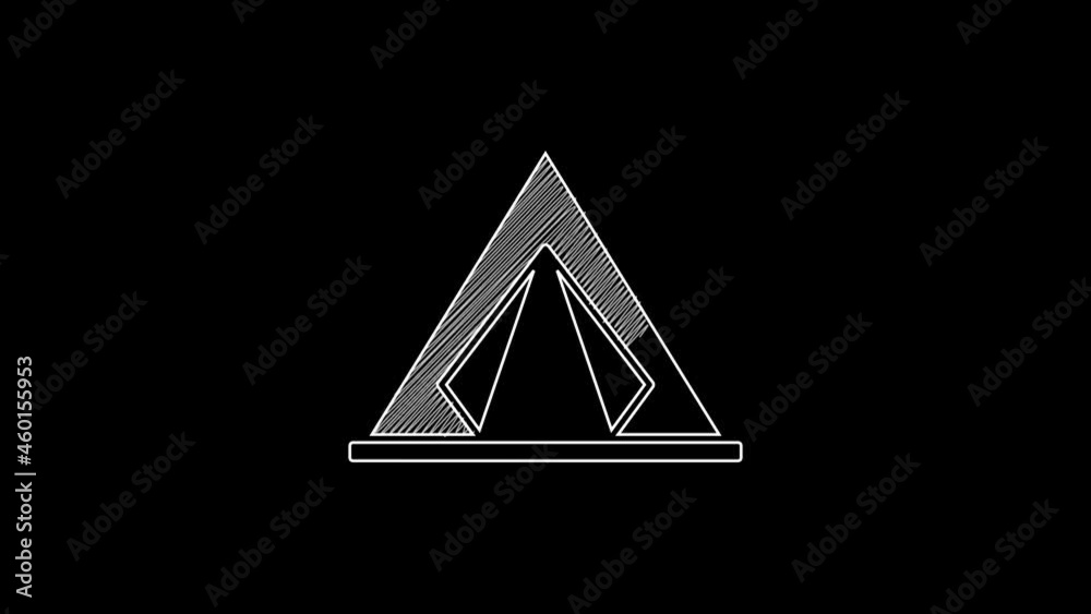 Poster White line Tourist tent icon isolated on black background. Camping symbol. 4K Video motion graphic animation