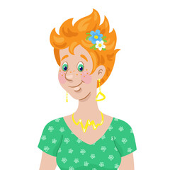 Portrait of a cute girl with red hair. In cartoon style. Isolated on white background. Vector illustration