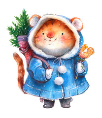 Watercolor illustration, new year christmas tiger character, cat with gifts and christmas tree, symbol of 2022 on white background
