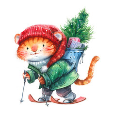 Watercolor illustration, new year christmas tiger character, cat with gifts and christmas tree, symbol of 2022 on white background