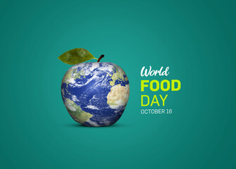 World Food Day Concept. World food day 3d concept- earth in apple shape. Food Day conceptual background.