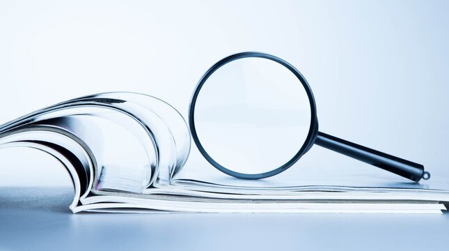 Loupe on Open Books on Blue Background