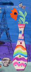 Collage on the theme of a trip to Paris, with the Eiffel Tower, a cup of coffee and a vase with a flower. Painting for the interior