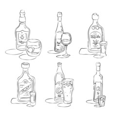 Bottle and glass whiskey, wine, tequila, rum, beer, vodka together in hand drawn style. Beverage outline icon. Restaurant illustration for celebration design. Line art sketch. Black contour object.