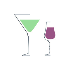 Martini and liquor glass in minimalist linear style. Contour of glassware on left side in form of fine black line. Drink is depicted in form of shape with colored fill. Isolated image. White backdrop.