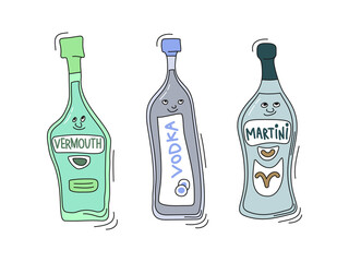 Fototapeta na wymiar Vermouth, vodka and martini with smile on white background. Cartoon sketch graphic design. Doodle style with black contour line. Cute hand drawn bottle. Party drinks concept. Freehand drawing style
