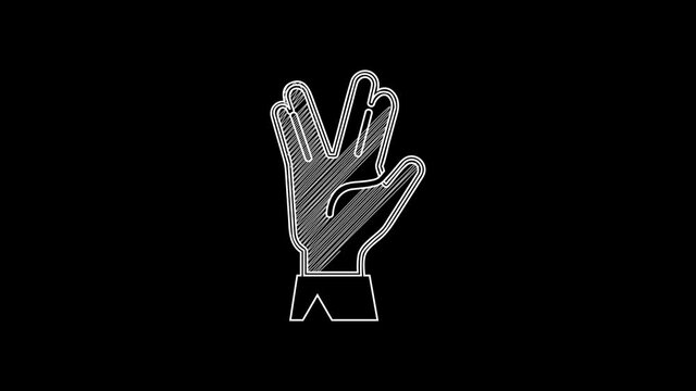 White line Vulcan salute icon isolated on black background. Hand with vulcan greet. Spock symbol. 4K Video motion graphic animation