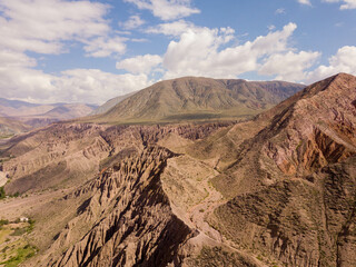 Purmamarca drone aerial landscape close to Cerro de los Siete Colores (Seven Coloured Hill), Jujuy, Salta, Argentina	