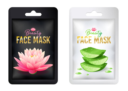 Set White And Black Cosmetic Facial Mask Individual Package Mock Up With Pink Lotus