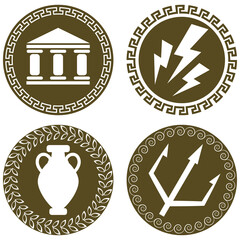 Set of ancient flat logos with temple, Zeus lightning, amphora and trident of Poseidon. The symbols of antiquity and Greece. Greek history and mythology  - obrazy, fototapety, plakaty
