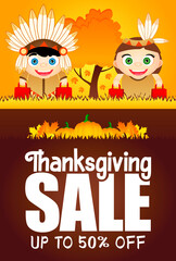 Thanksgiving Sale poster with 50% discount flyer for holiday. Funny kids in the costumes native Americans indian. Vector illustration
