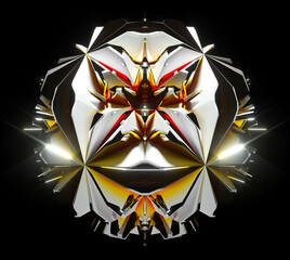 3d render of abstract art with surreal fractal cyber alien star flower ball based on connected pyramids geometry figures in white plastic material with gold metal parts in red and yellow gradient