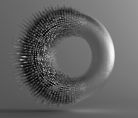 3d render of monochrome black and white abstract art with surreal flying rough metal ring doughnut or torus with deformed damaged part with sharp spikes on dark grey background