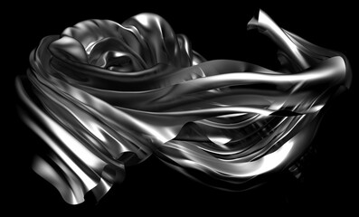 3d render abstract black and white monochrome art of 3d background with part of silky textile drapery in curve wavy lines with a lot of wrinkles in matte translucent plastic material in spiral shape