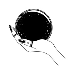 Female hand holding Magic Crystal Ball isolated on white. Creepy cute vector illustration. Gothic design, mystic magician symbol in black outlines. Future telling, Halloween concept.