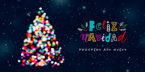 Feliz Navidad greeting card with an abstract tree full of colorful Christmas lights