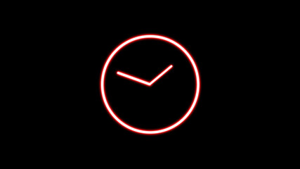 neon clock illustration. abstract red color neon light clock  on black background.