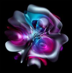 3d render of abstract art with surreal alien flower in curve wavy elegance organic biological lines forms in transparent plastic material in purple pink and blue gradient color with grey parts