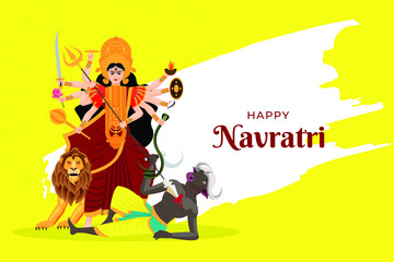 Illustration of Goddess Maa Durga killing mahishasur in Happy Dussehra Navratri background, Durga puja festival