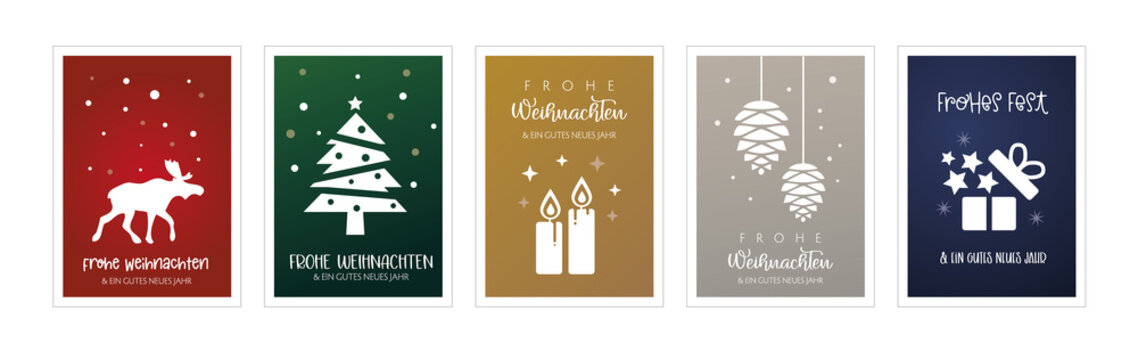 Weihnachtsgr&uuml;&szlig;e mit f&uuml;nf verschiedenen weihnachtlichen Motiven - deutscher Text - verschiedenfarbige Hintergr&uuml;nde