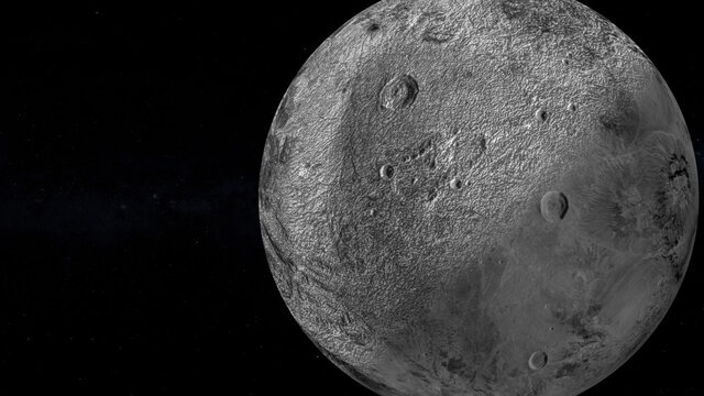 fictional Planet Haumea sun rise in dark background with stars. front view of Haumea planet from space.